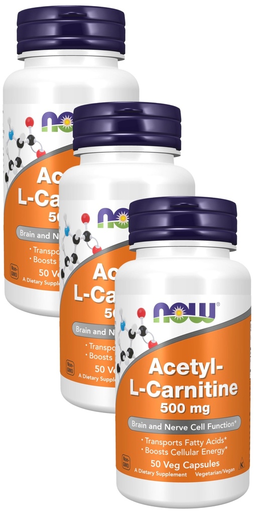 NOW Supplements, Acetyl-L Carnitine 500 mg, Amino Acid, Brain och Nerve Cell Function*, 50 Veg Capsules (Pack of 3)