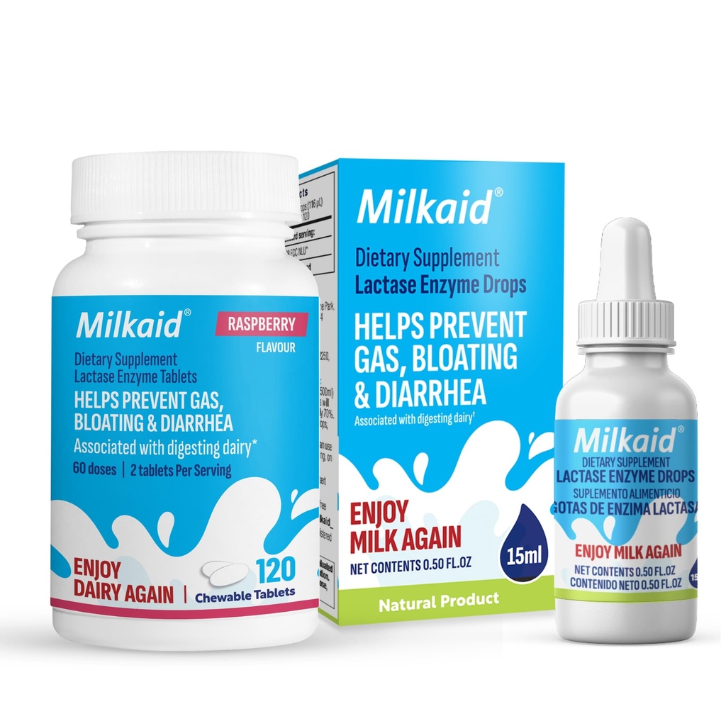 Milkaid Lactase Enzyme droppar tabletter för laktosintoleranshjälp | Förhindrar gas, uppblåsthet och diarré | Dairy Digestive Supplement | 0,5 Fl Oz & 120 Raspberry smaksatta tabletter