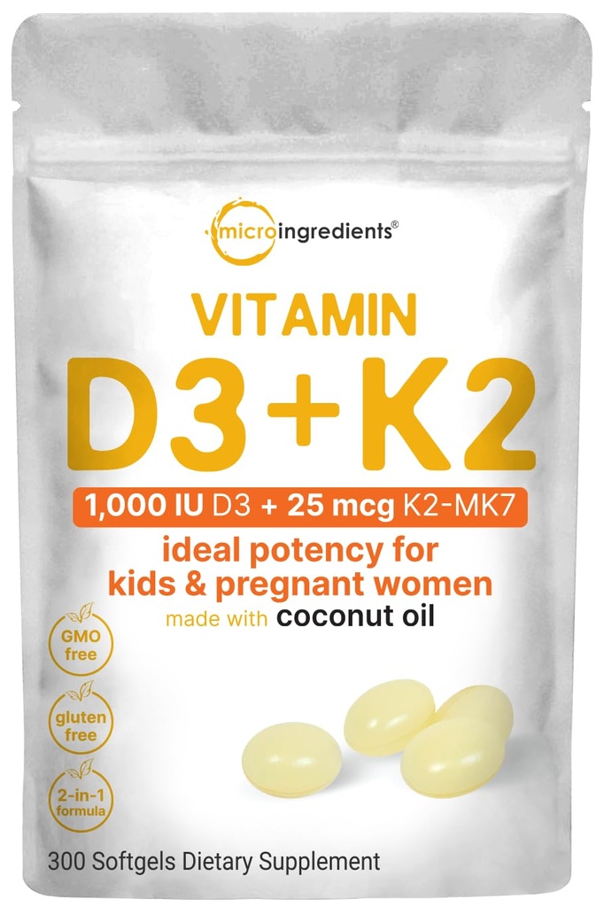 Micro Ingredients Vitamin D3 1000 IE + K2 MK-7 25 mcg, 300 Softgels | Virgin Coconut Oil | 2-i-1 Bone, Immune & Heart Support | Lätt att svälja, icke-GMO