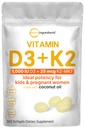 Micro Ingredients Vitamin D3 1000 IE + K2 MK-7 25 mcg, 300 Softgels | Virgin Coconut Oil | 2-i-1 Bone, Immune & Heart Support | Lätt att svälja, icke-GMO