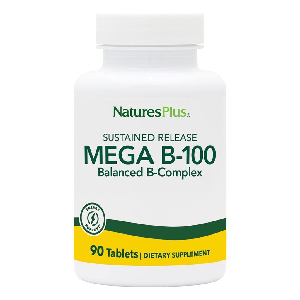 Natures Plus Mega B-100 Complex - 90 hållbara släpp vegetariska tabletter - Energi & hjärnbooster - Glutenfri - 90 portioner