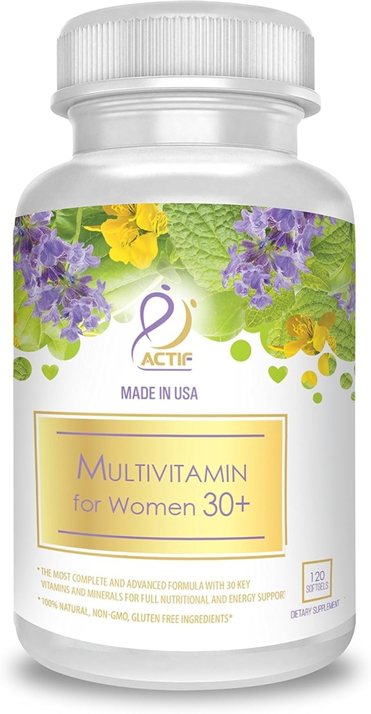 ACTIF Multivitamin for Women Age 30+ with 30 Organic Vitamins and Organic Herbs, Non-GMO, Made in USA, 2-Month Supply