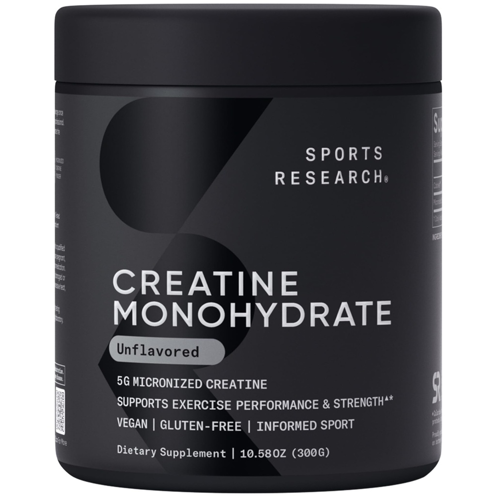 Sports Research Creatine Monohydrate - Få Lean Muscle, förbättra prestanda och styrka och stöd Workout Recovery - 5 g Micronized Creatine - 10,58 oz