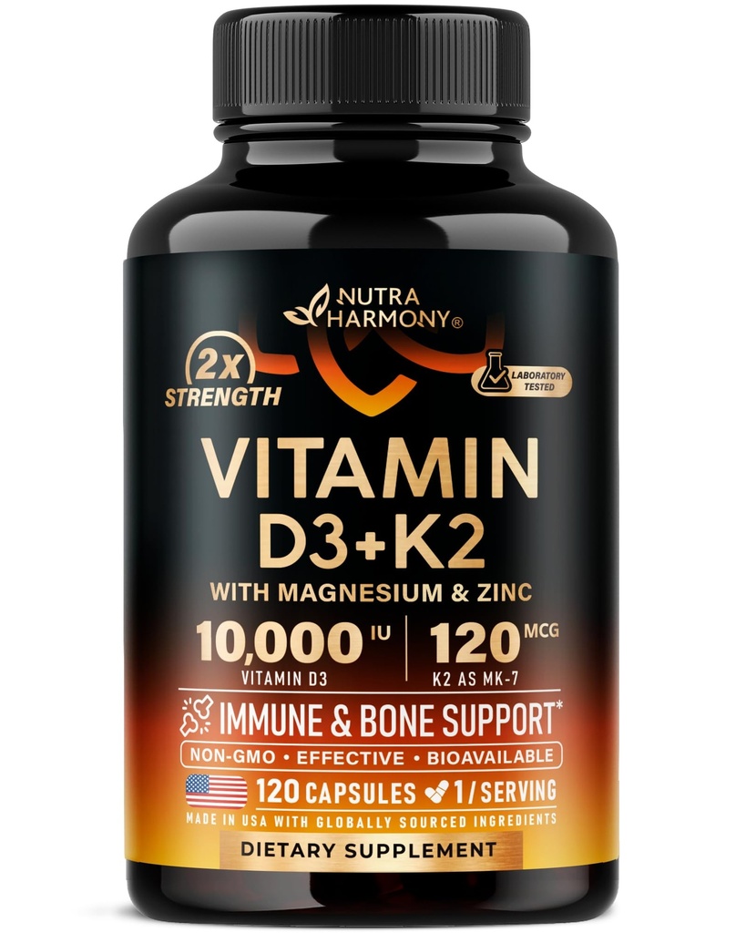 Vitamin D3 K2 - Vitamin D3 10000 iu & K2 as MK-7 120 mcg - Immune & Mood Support, for Bone & Teeth Health - with Magnesium, Zinc & Vitamin C & B12 - Highly Bioavailable - Made in USA, 120 Capsules