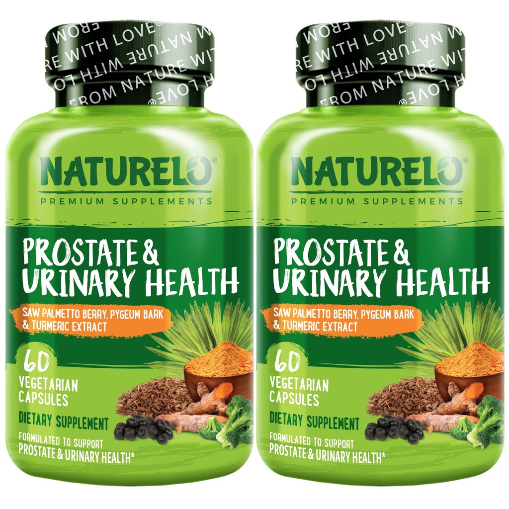 NATURELO Prostate & Urinary Health, omfattande formel med Saw Palmetto, Pygeum, Tumeric, Plant Sterols, Broccoli och Lycopene, 60 Vegetariska kapslar (Pack of 2)