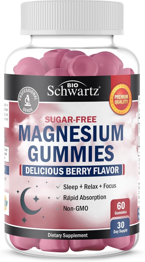 BioSchwartz Sugar Free Magnesium Gummies (30 Servings) Berry Flavored Magnesium Citrate Supplement Supports Healthy Nerves Muscles Energy Calm Mood and Sleep (Vegan Safe, Non GMO, 60 Gummies)