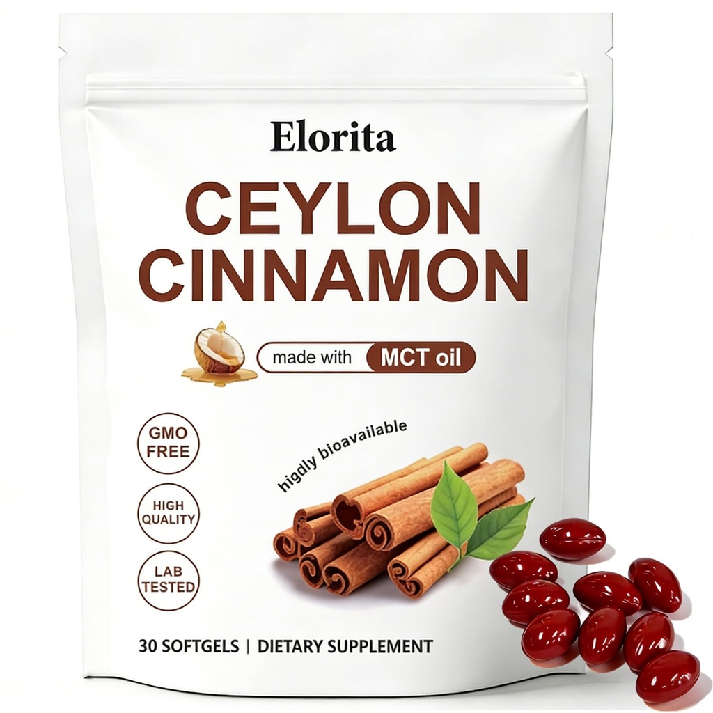 Elorita Ceylon Cinnamon Soft Gels with MCT Oil, 12:1 High Potency Extract, True Cinnamon Supplements, Highly Bioavailable Herbal Extract, Non-GMO, Gluten Free, 30 Softgels (30-Day Supply)