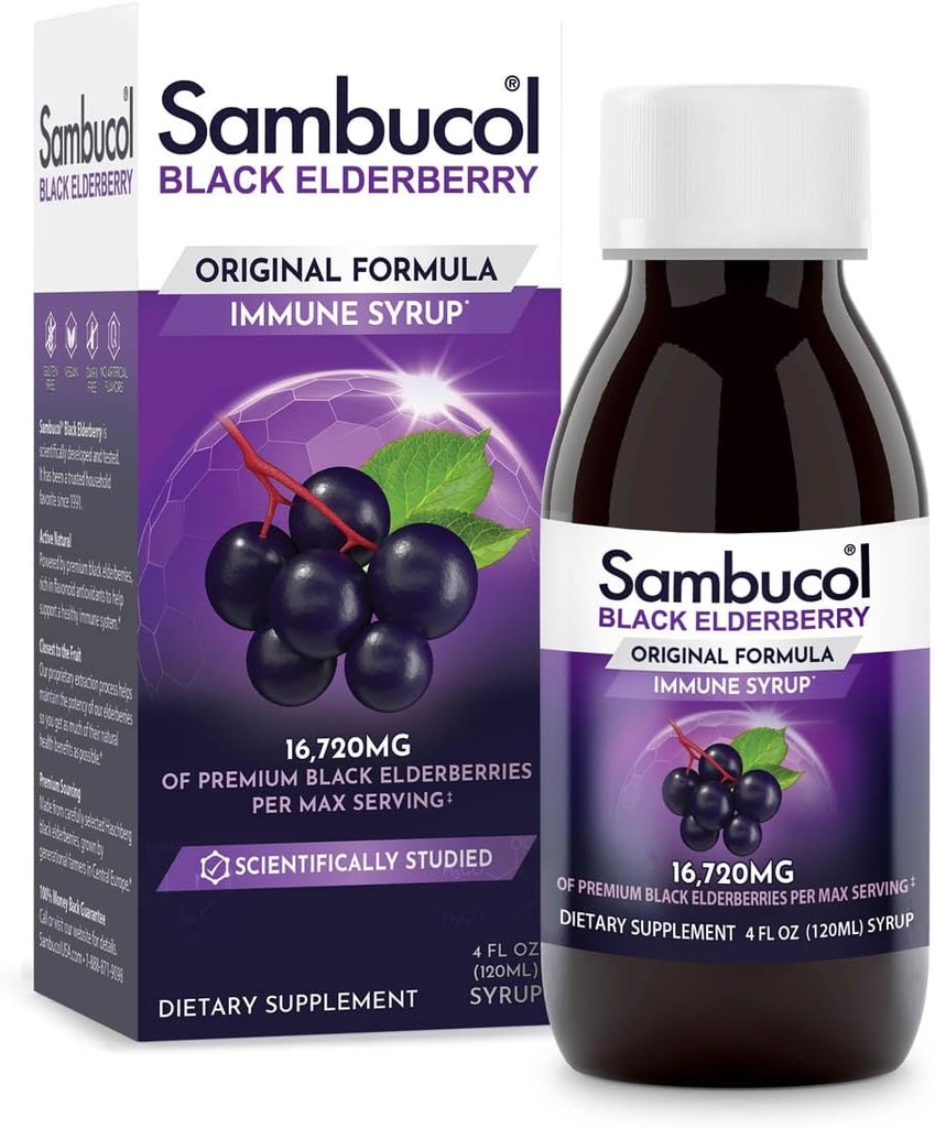 Sambucol Black Elderberry Syrup - Sambucus Elderberry Syrup, Black Elderberry Liquid, Immune Support, Elderberry Syrup för barn och vuxna, höga antioxidanter, Gluten Free - Original Formel, 4 Fl Oz