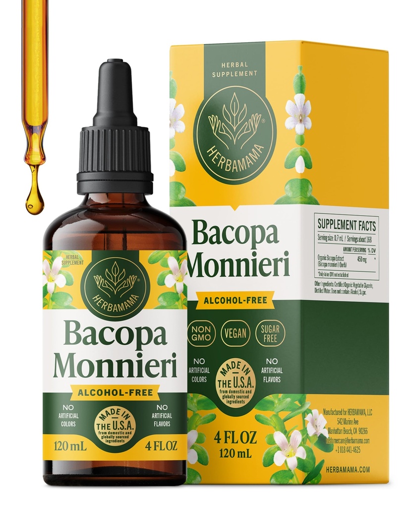 HERBAMAMA Bacopa Monnieri Supplement - Vegan Brain Focus and Clarity Support with Bacopa Extract Tincture - Non-GMO, Alcohol & Sugar-Free Brahmi Herb Drops, 168-Day Supply