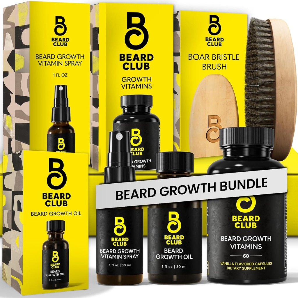 Beard Club Premium Beard Growth Kit - Tillväxtolja, vitaminer, vitamin Spray & Boar Bristle Brush - Gift Set