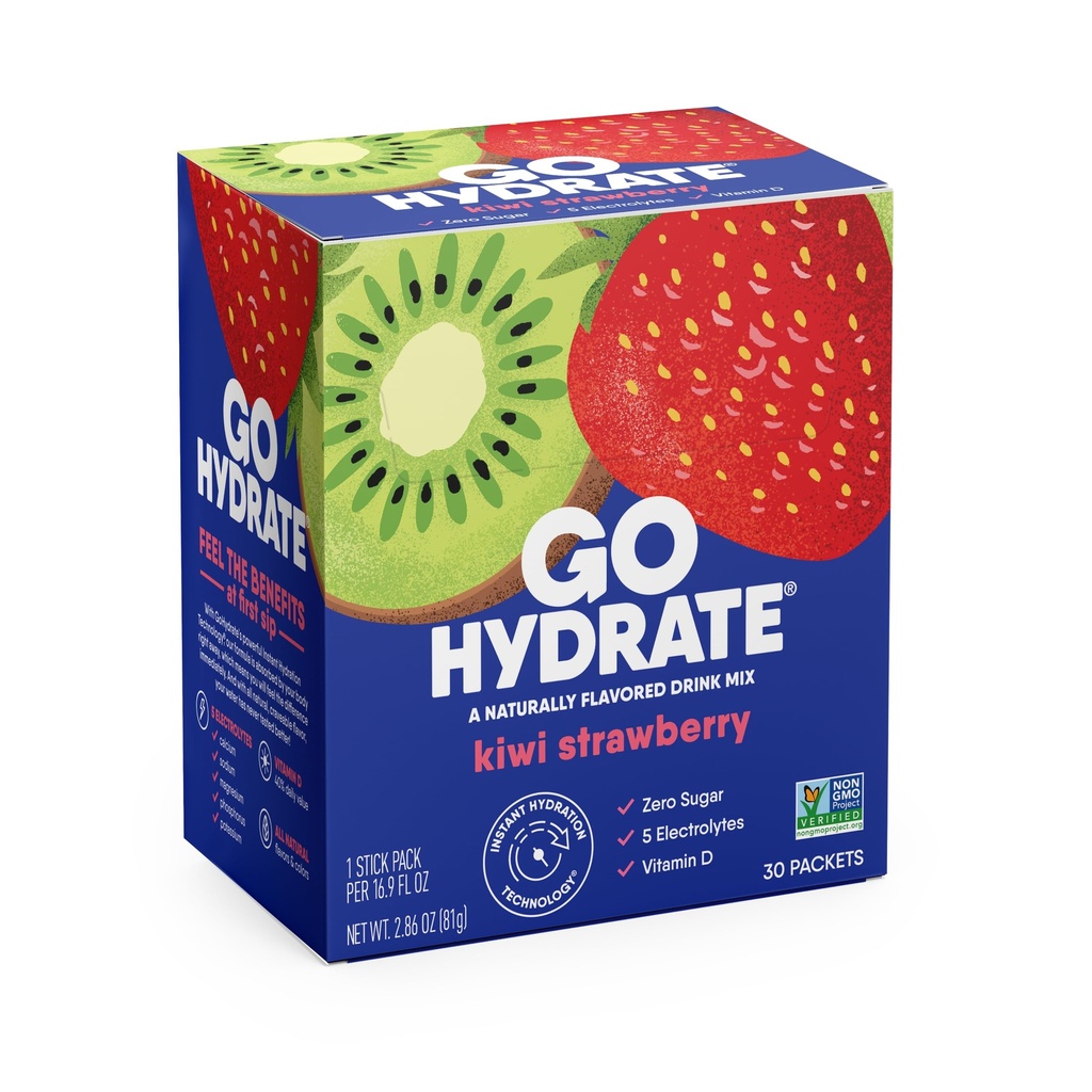 GoHydrate Instant Hydration Powder Packets - Low Sodium Electrolytes Drink Mix - Natural Hydration Support, Sugar Free Electrolyte smaksatt pulverdryck med vitamin D, 30 Packs, Kiwi Strawberry
