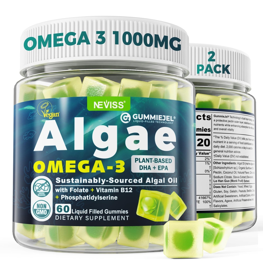 2 Pack Algae Omega 3 Gummies 1000mg, Plant Based DHA 460mg & EPA 230mg, Omega 3 Fiskolja Alternativ för vuxna, Plus MethylFolate, Vitamin B12, Phosphatidylserine, No Fishy Taste, Vegan, Sugar Free