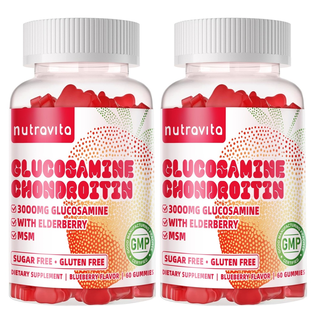 Nutravita Glucosamine Chondroitin Gummies med MSM & Elderberry Extra Strength - Gemensamt stöd, Antioxidant Immune Support Supplement för vuxna, män och kvinnor. 120 Strawberry Chews