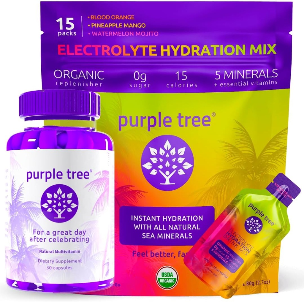 lila träd Post-Celebration Wellness + Hydration Electrolyte Packets | Organisk rehydrering, Happy Liver | 30ct Bottle + 15 Hydration Sticks för vatten