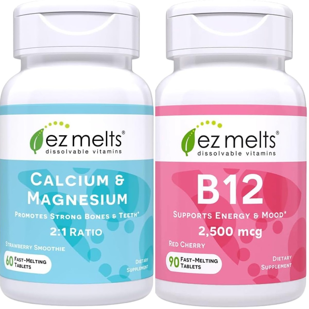 EZ Melts B12 Sublingual Vitamin and Dissolveable Calcium and Magnesium Supplement Bundle
