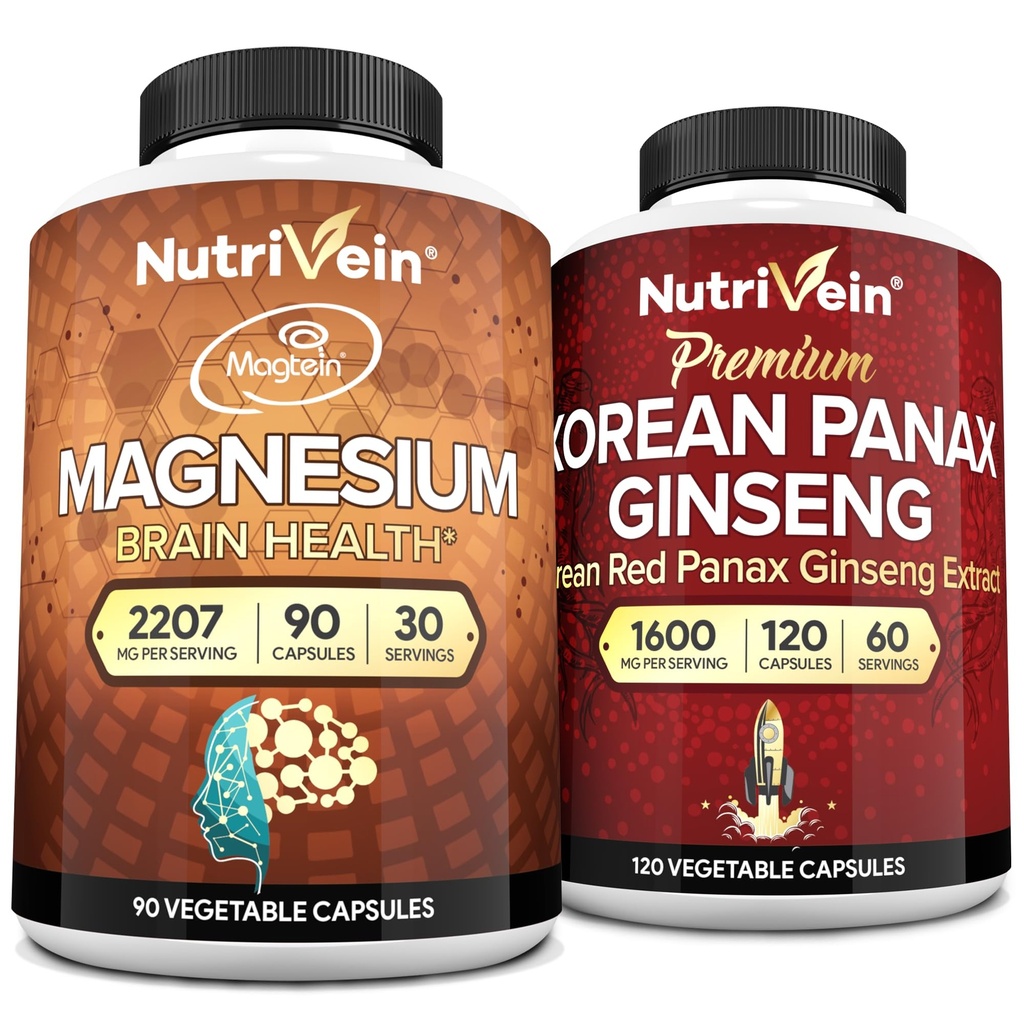 Nutrivein Premium Magnesium L-Threonate & Panax Ginseng Supplement Bundle: High-Absorption Magnesium Threonate och Red Ginseng Supplement Pair för hjärna, humör och vitalitet