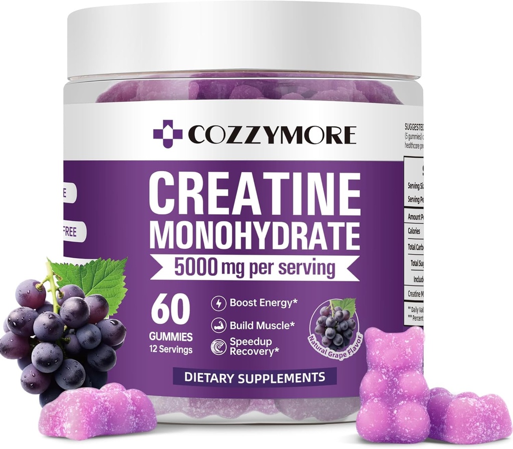 Kreatinmonohydrat Gummies 5000mg för män och kvinnor, Gomitas de Creatina Creatine Monohydrate 5g, Creatina Monohidratada Gummy för muskelbyggare, energiökning, Pre-Workout Supplement, 60 Count, Grape