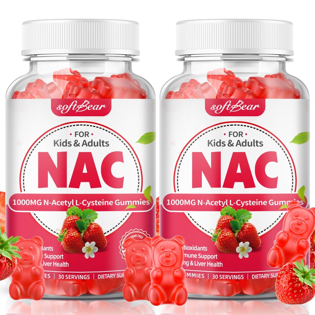 softbear 2 Pack NAC Gummies for Kids & Adults, NAC Supplement 1000mg N Acetyl Cysteine Supports Lung & Liver Health, Antioxidants & Immune System, Strawberry Flavor 120 Count