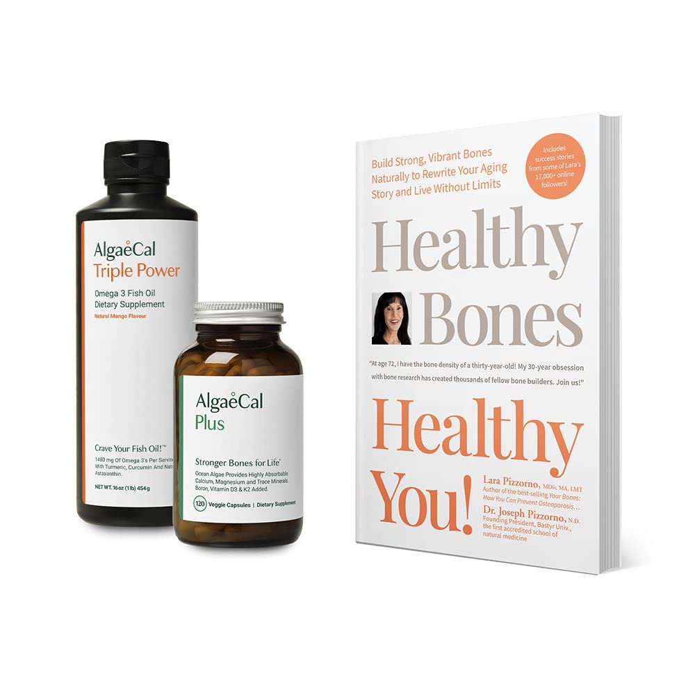 ALGAECAL Bundle - Calcium Supplement med vitamin D + K2, Mag, Boron & Omega 3 Fiskolja med EPA & DHA och bok av Lara Pizzorno Healthy Bones Healthy You, för att öka benhälsan