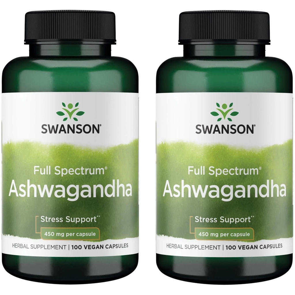 Swanson Ashwagandha Powder Supplement - med Ashwagandha Root för att främja stressavlastning och energi - Ayurvedic Supplement for Natural Wellness (100 kapslar, 450mg vardera) 2 Pack