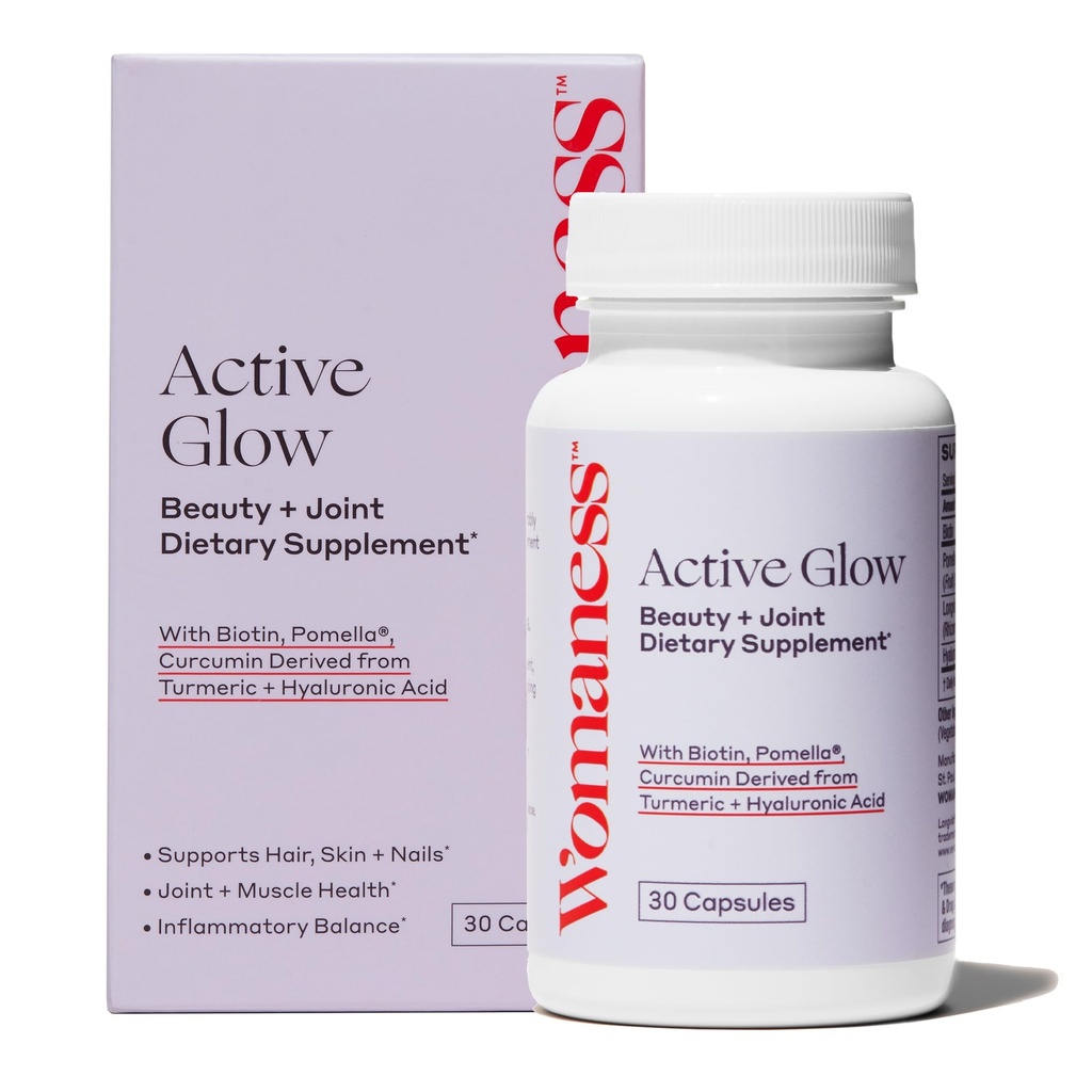 Womaness Active Glow Hair Skin och Nails Vitamins - Biotin, Longvida Curcumin & Hyaluronic Acid Supplements for Joint Health, Dry Skin & Thinning Hair (30 kapslar)