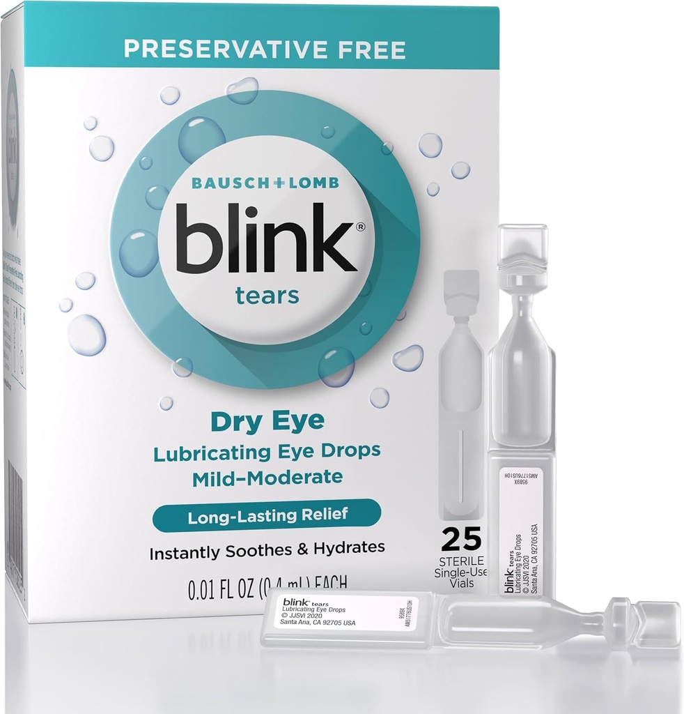 Blink Tears Lubricating Eye Drops Preservative Free, Moisturizing & Soothing for Mild to Moderate Dry Eye, med Hyaluronate, Reduces Discomfort, Long-Lasting Hydration, 0,01 Single-Use Vials, 25 Count
