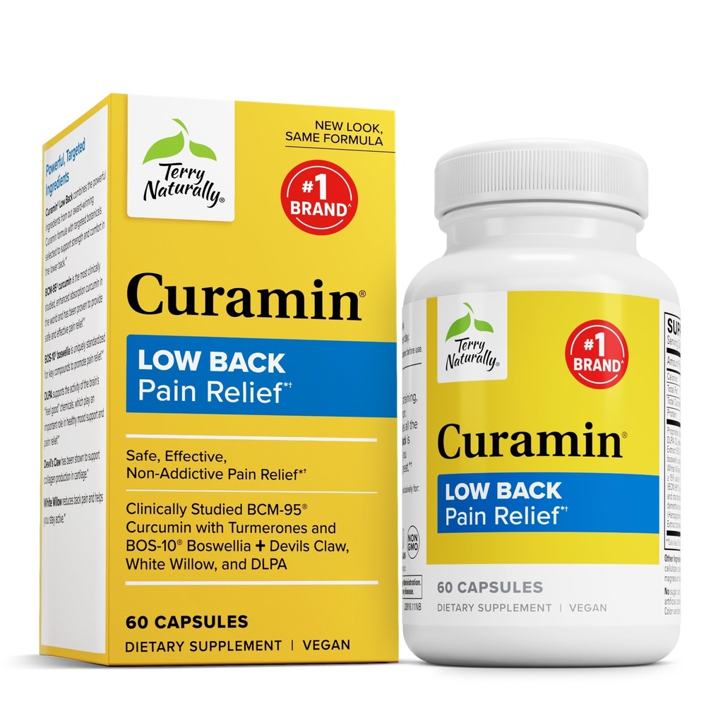 Terry Naturally Curamin Low Back Pain Relief - 60 Capsules - with Curcumin, Boswellia & DLPA - Non-GMO, Vegan, Gluten Free - 20 Total Servings