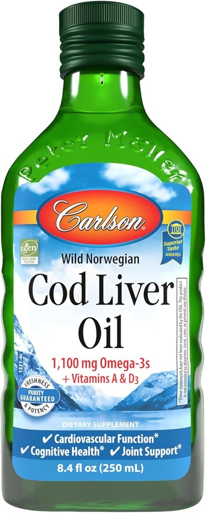 Carlson - Cod Liver Oil 1100 mg Omega-3s Plus Vitamins A & D3 - Wild Caught EPA DHA Omega 3 Supplement - Norwegian Arctic, Sustainably Sourced Nordic Fish Oil Liquid, Unflavored, 250 mL (8.4 Fl Oz)