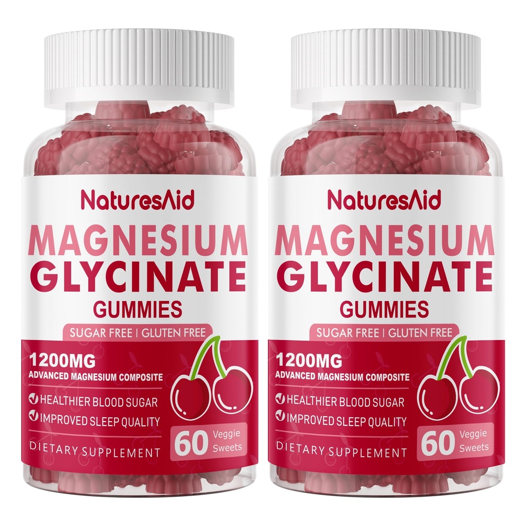 Magnesium Glycinate Gummies 1000mg - Sugar Free Magnesium Potassium Supplement med vitamin D, B6, Q10 för lugn humör och sömnstöd - 120 Cherry Gummies -2 Pack.