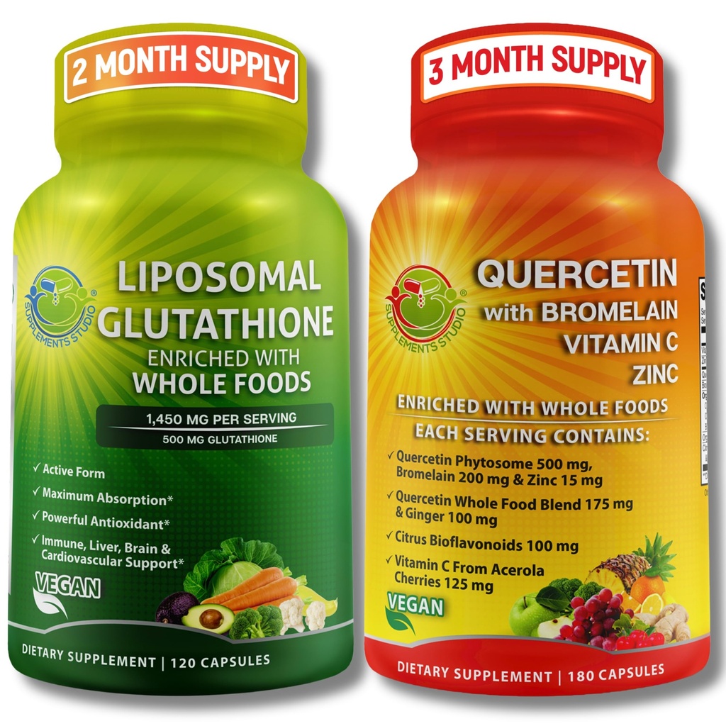 Liposomal Glutathione 500mg & Quercetin med Bromelain, Zink och Vitamin C - Antioxidant & Immune Support Bundle med organiska Whole Food Blends - Vegan, Non-GMO Respiratory Health Formel