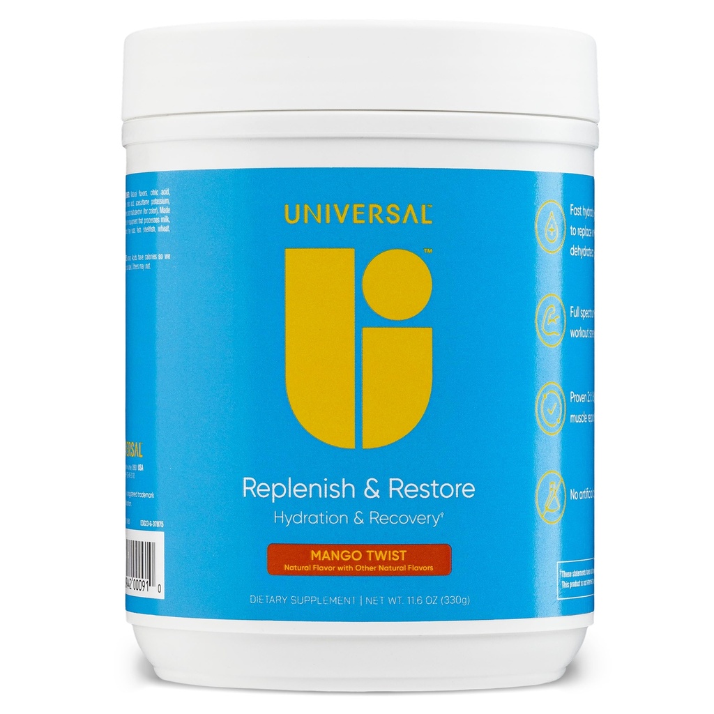 Universal U Replenish & Restore Powder, Hydration & Recovery, Promotes Muscle Repair and Growth, Custom Dosing, L-Lysine, L-Glutamine, L-Tryptophan, No Artificial Flavors, 30 Servings (Mango Twist)