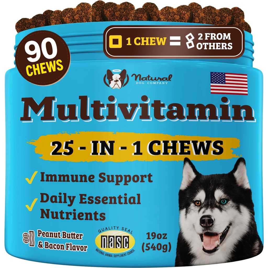 Natural Dog Company 25-i-1 Multivitamin Chews for Dogs - Daily Soft Dog Vitamins with Antioxidants, Zinc & Folic Acid - Stöder Joints, Skin & Coat, Immune & Heart Health - All Ages, All Breeds