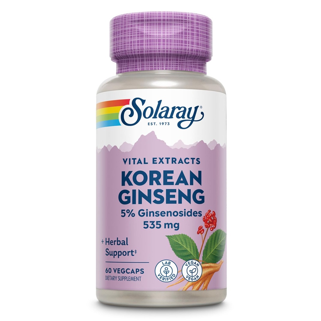 SOLARAY Korean Ginseng Root Extract - Herbal Support för yrkesstress, energi och fysisk uthållighet - 5% Ginsenosides - Vegan, Lab Verified - 60 portioner, 60 VegCaps