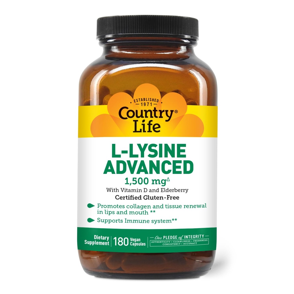 Country Life L-Lysine 1500mg kapslar med vitamin D & Elderberry - Avancerad immunstöd och Collagen förnyelse - Certified Gluten-Free & Vegan - 180 kapslar