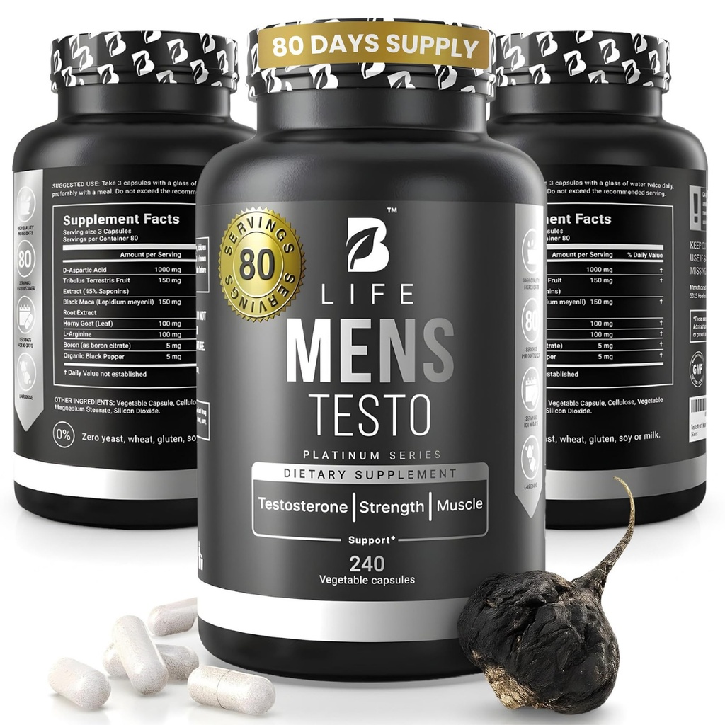 Testosteron Booster Supplement för män | Boron Supplement för män med Tribulus Terrestris, Black Maca, Horny Goat Weed, L-arginin | Stamina, uthållighet, muskeltillväxt och styrka | 80 portioner