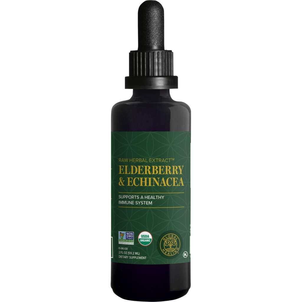 Global Healing USDA Organic Elderberry & Echinacea Liquid Supplement Tincture | Antioxidant Immune Support mot skadliga organismer för vuxna och barn, Vegan, icke-GMO, 1-månaders leverans (2 Oz)