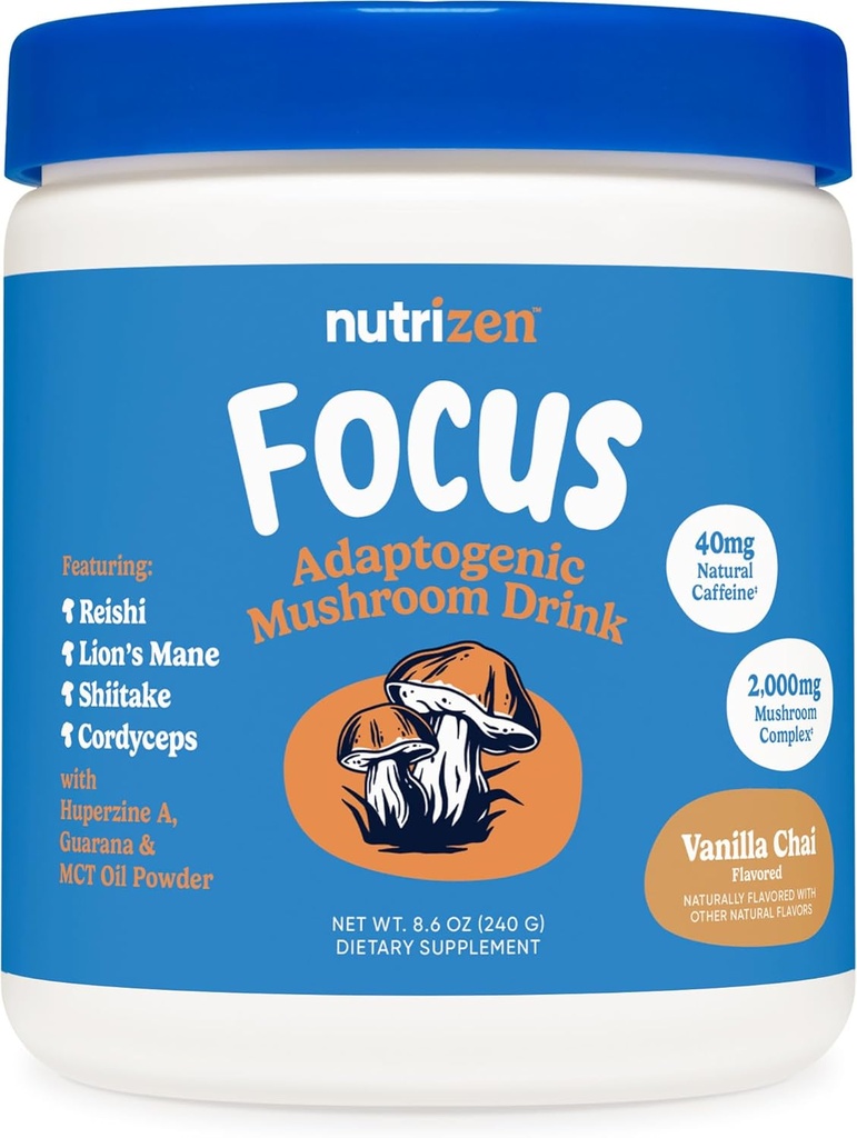 Nutricost Nutrizen AM Focus Adaptogenic Mushroom Drink (Vanilla Chai smaksatt) 30 portioner - Inkluderar Reishi, Lion's Mane, Shiitake, Cordyceps