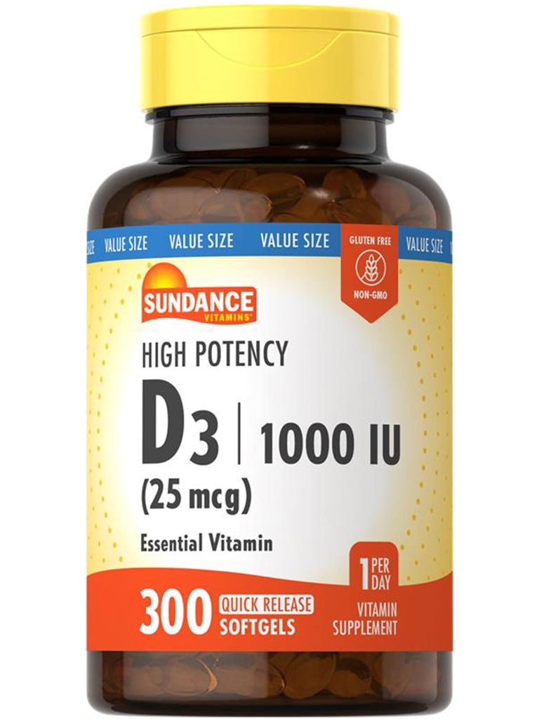 Sundance Vitamin D3 1000 IE | 300 Softgels | Hög styrka | Vitamin Formel | Non-GMO och Gluten fri tillägg