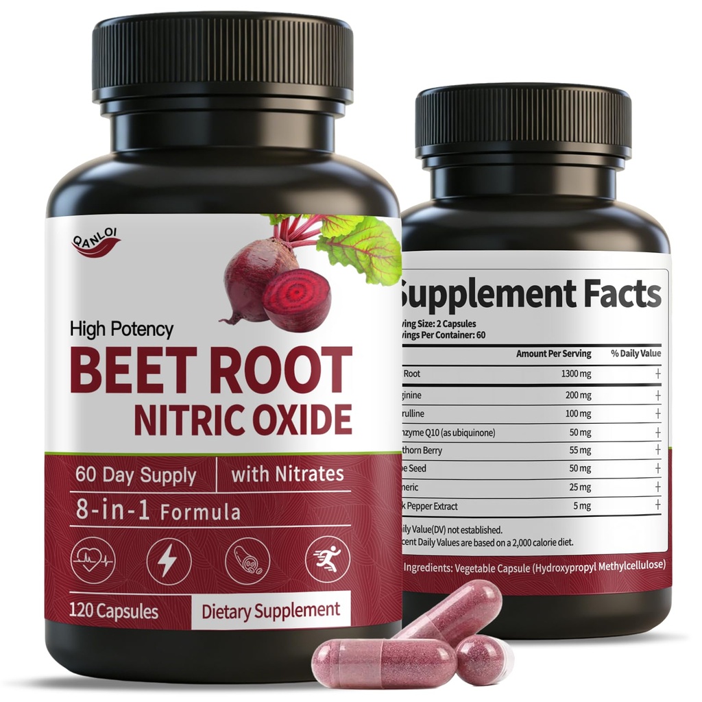 (120 Counts) Beet Root Capsules | with L-Arginine,L-Citrulline CoQ10, Turmeric, Hawthorn Berry | Nitric Oxide Supplement | 60 Days Supply