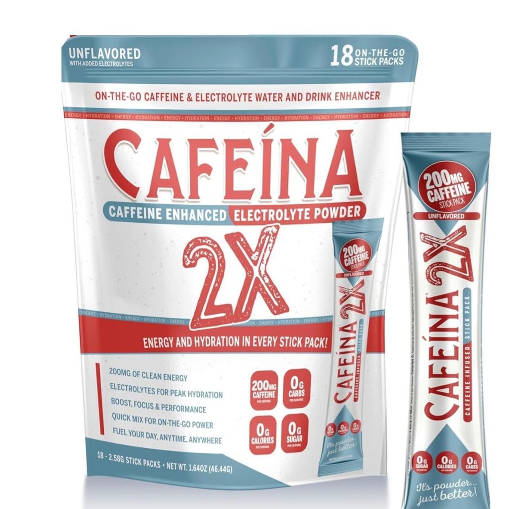 CAFEINA 2X - 200mg Koffein och Electrolyte Infused Powder Stick Packs (18 greve)