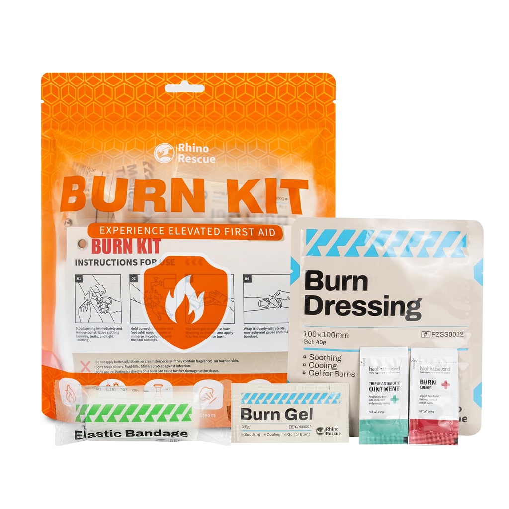RHINO RESCUE Burn Kit, 4pcs Burn Dressings 4x4, 8pcs Burn Gel Packets 3.5g, 4pcs Burn Pads, First Aid Kit Cooling Soothing Cream Relief med Bandage, Nitrile Gloves, Scissors, Tape, HSA / FSA Berättigade