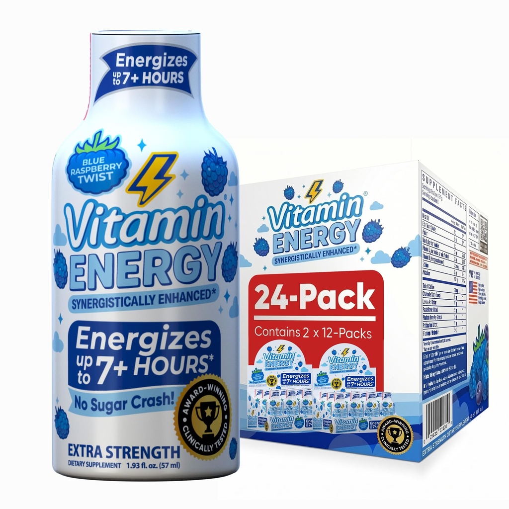 Vitamin Energy Immune+ Extra Strength Energy Shot Blue Raspberry 24 Pack, 260mg Natural Caffeine, B-Vitamins, Citicoline, Green Tea, Immunity & Focus Support, Zero Sugar, Gluten-Free 1.93 fl oz
