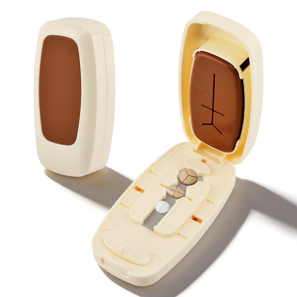 Pill Cutter for Small and Tiny Pills, 1/2 1/3 1/4 Pill Splitter with Adjustable Guide & Non-Slip Base, Stainless Steel Blade, Accurate and Easy Cutting for Vitamins and Tablets(Color:Creamy White)