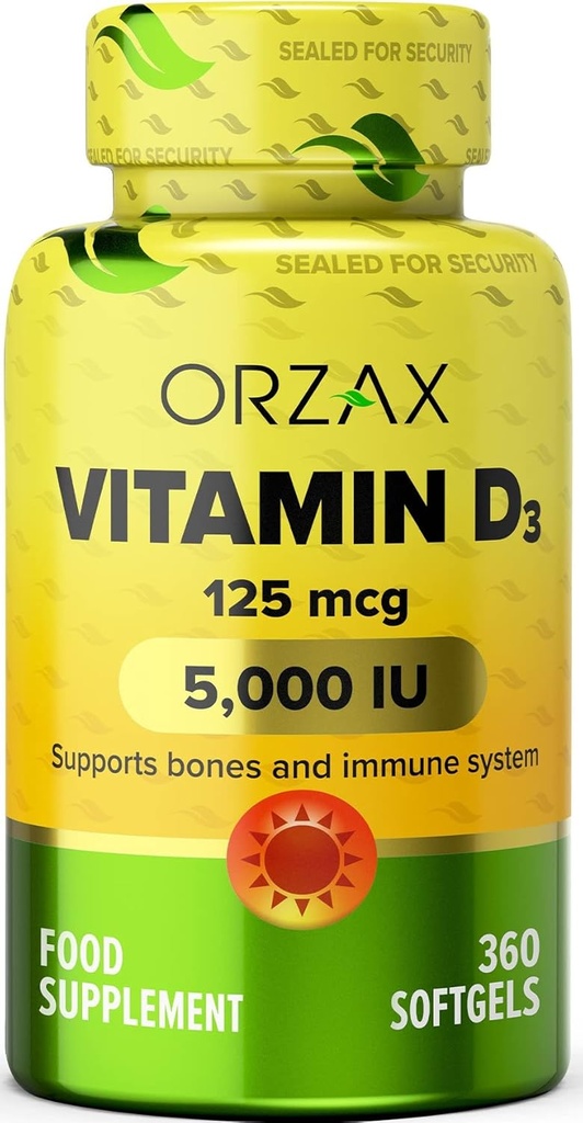 ORZAX Vitamin D3 5000 iu (125 mcg) - Non-GMO, Gluten Free, Sugar Free, Dairy Free - 1 års Supply för stark muskelfunktion och immunstöd - Mood Supplement för Wellness (360 Softgel)