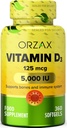 ORZAX Vitamin D3 5000 iu (125 mcg) - Non-GMO, Gluten Free, Sugar Free, Dairy Free - 1 års Supply för stark muskelfunktion och immunstöd - Mood Supplement för Wellness (360 Softgel)