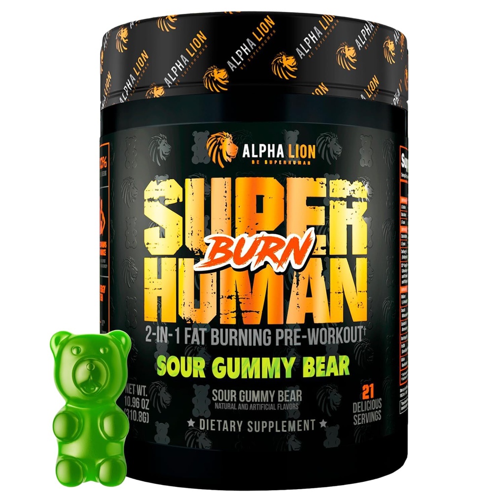 ALPHA LION Superhuman Burn - 2 i 1 Metabolism Booster Pre Workout och Thermogenic Fat Burner för Män - Appetite Suppressant and Weight Loss Supplement (21 portioner, Sour Gummy Bear)