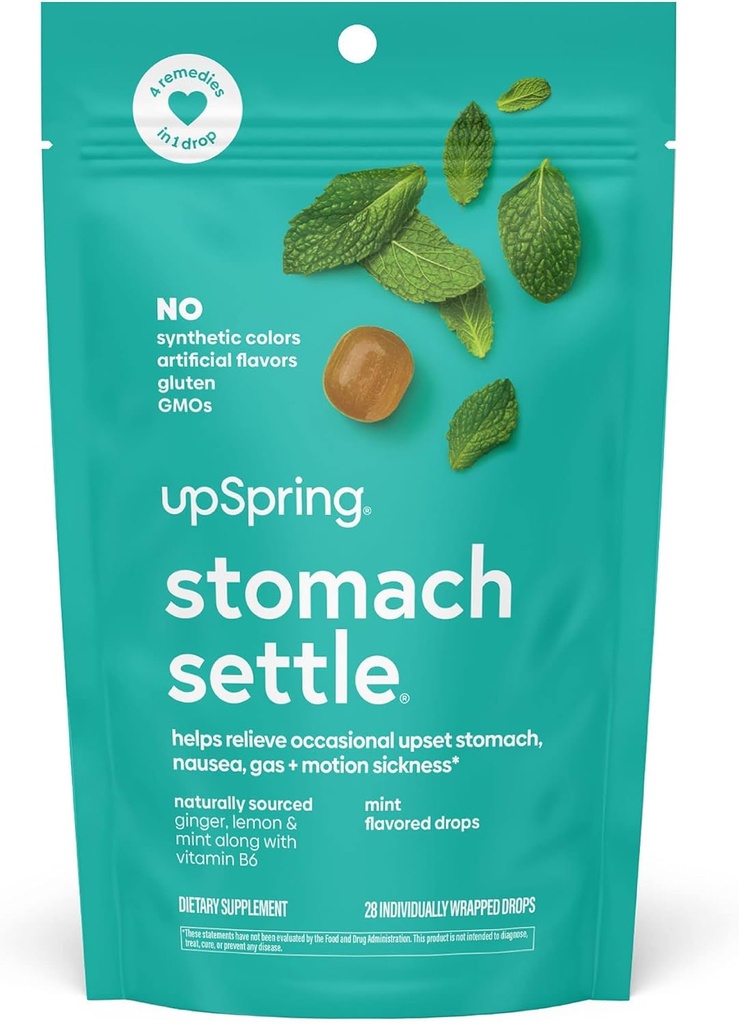UpSpring Stomach Settle Drops för Occasional Nausea Relief/Upset Stomach med Ginger, Lemon, Spearmint och B6. Mint Flavor Drops, 28 Ct (Packaging May Vary)