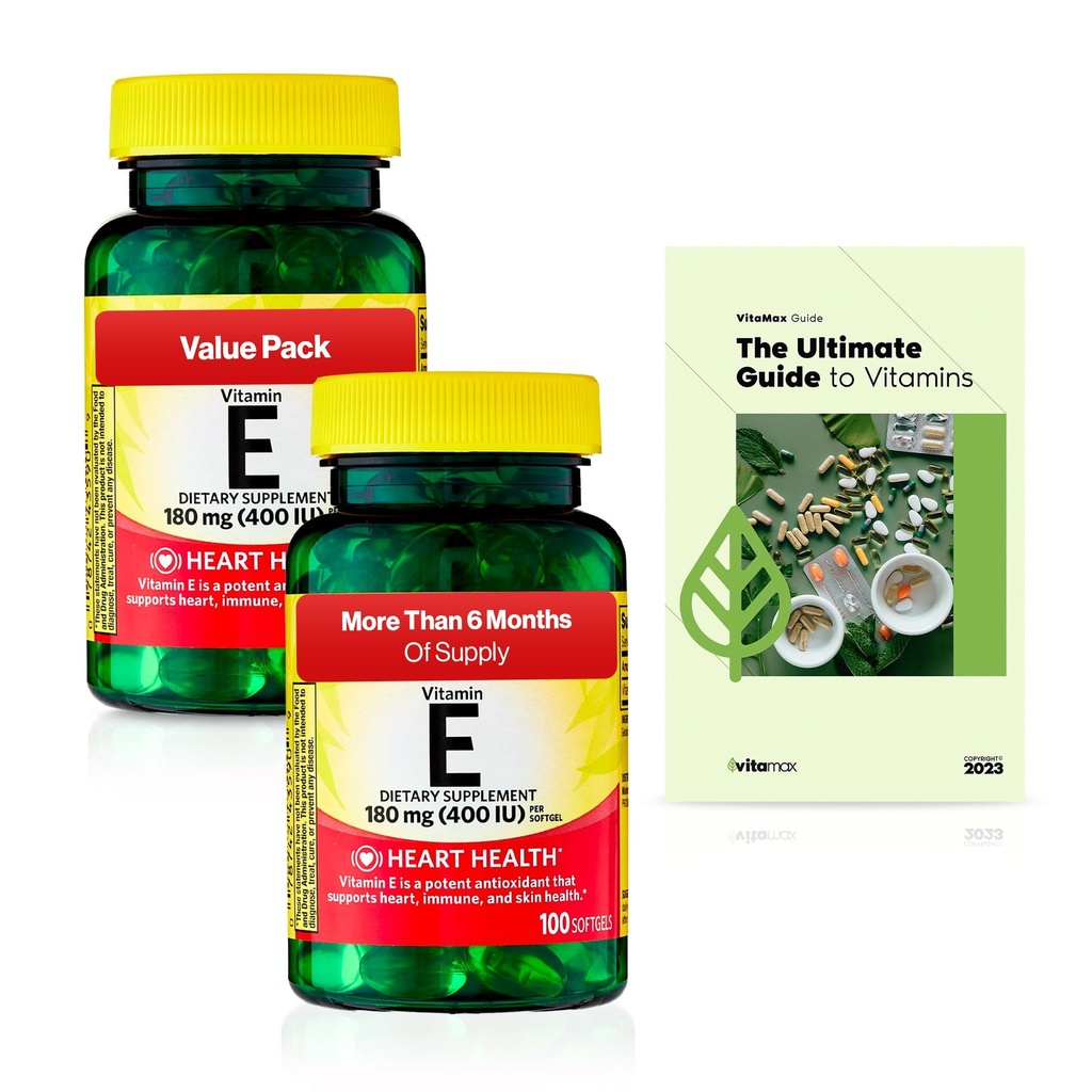Spring Valley Vitamin E Heart Health Dietary Supplement Softgels, 180 mg (400 IE), 200 greve, 2-Pack + Exclusive VitaMax Vitamin Guide (3 objekt)