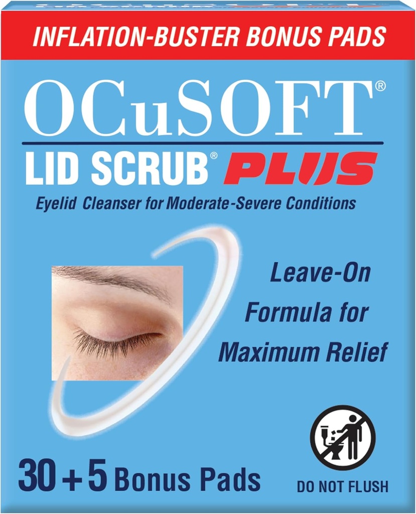 OCuSOFT Lid Scrub PLUS 35 - Pre-Moistened Leave-On Eyelid Wipes för moderat till svåra villkor - Moisturizing Eyelid Cleanser för maximal lättnad - 35 greve