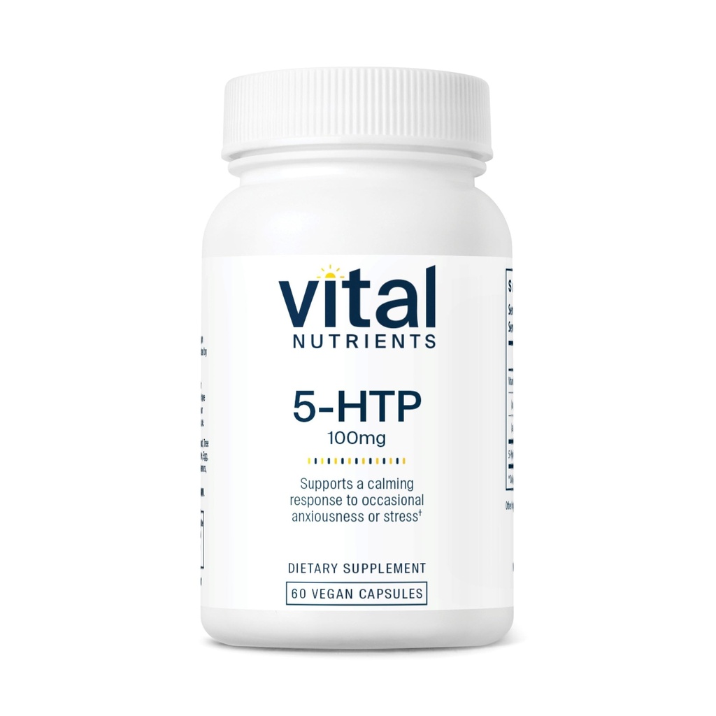 Vital Nutrients 5-HTP 100mg (5-hydroxytryptophan) | Vegan Serotonin Support Supplement* | Sömn och stress Support | 5HTP och vitamin B6 | Gluten, Dairy, Soy Free | Non-GMO | 60 kapslar